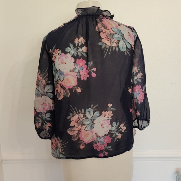 Leifsdottir Sheer Navy Floral Blouse With Ruffled Neckline & 3/4 Sleeves Size S - Picture 4 of 6